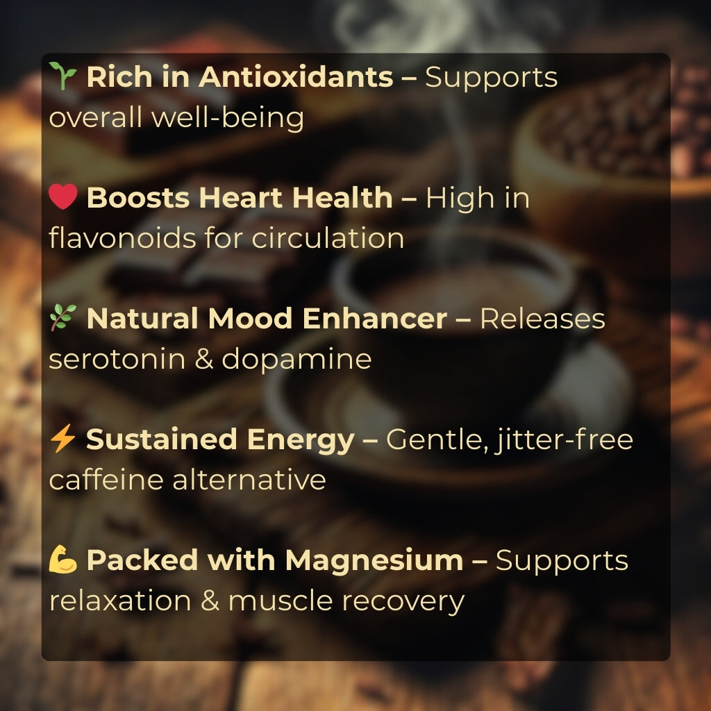 Health benefits of ceremonial cacao: antioxidants, heart health, mood boost, sustained energy, magnesium support.