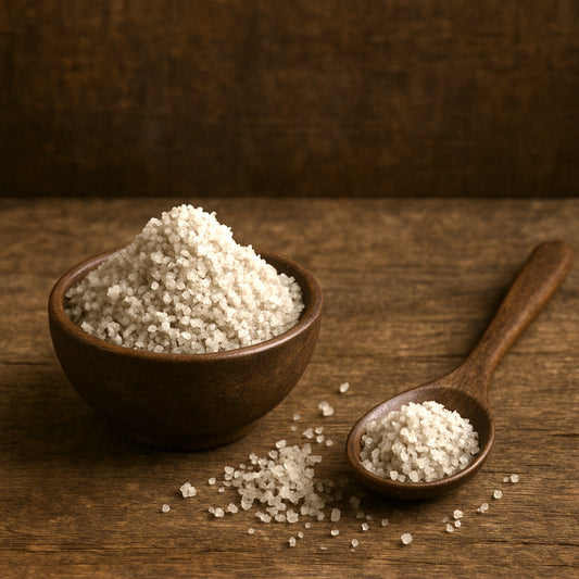 A wooden bowl filled with white Celtic sea salt crystals, with a wooden spoon beside it, placed on a rustic wooden surface.