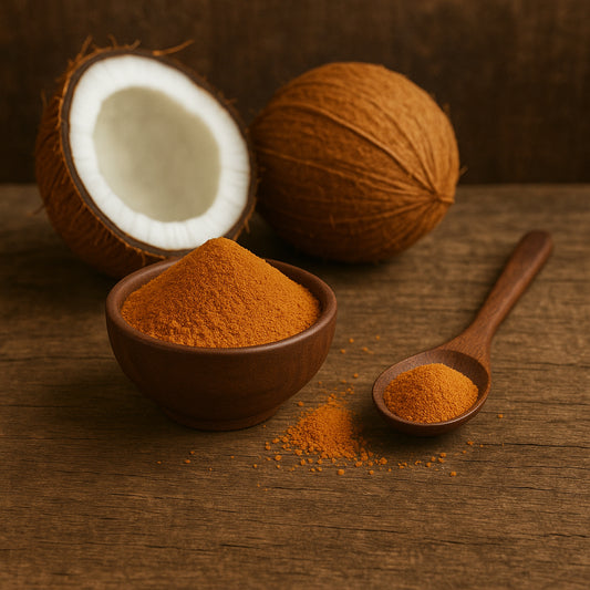 A bowl of coconut sugar with a spoonful beside it, with a whole coconut and a halved coconut in the background on a wooden surface.